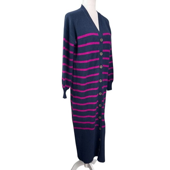 LOFT Long Sweater Cardigan Midi Dress Striped Navy Blue Button Front Size M - Picture 6 of 10